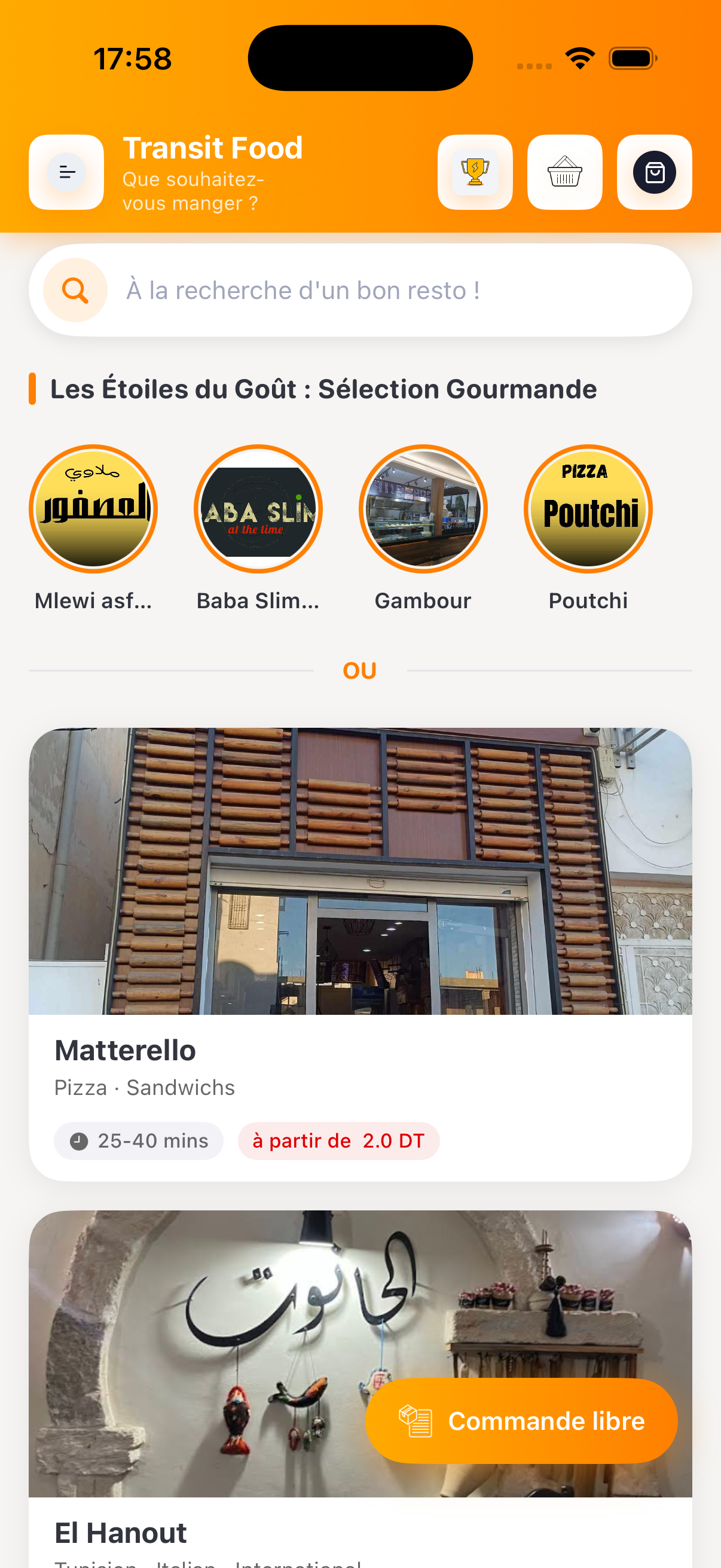 Capture de l'application Transit Food : sélection de restaurants à Houmt Souk avec le bouton Commande libre